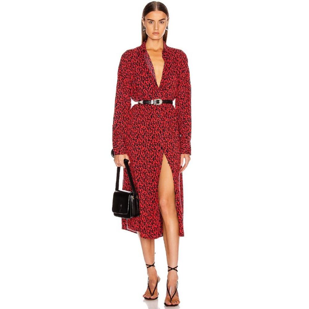 IRO Long Sleeve Button Front Side Slit Leopard Pirae Dress Red Womens Size 34 - Picture 2 of 16